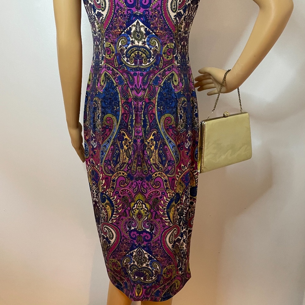 Purple green yellow navy paisley sheath midi dress - Picture 11 of 12